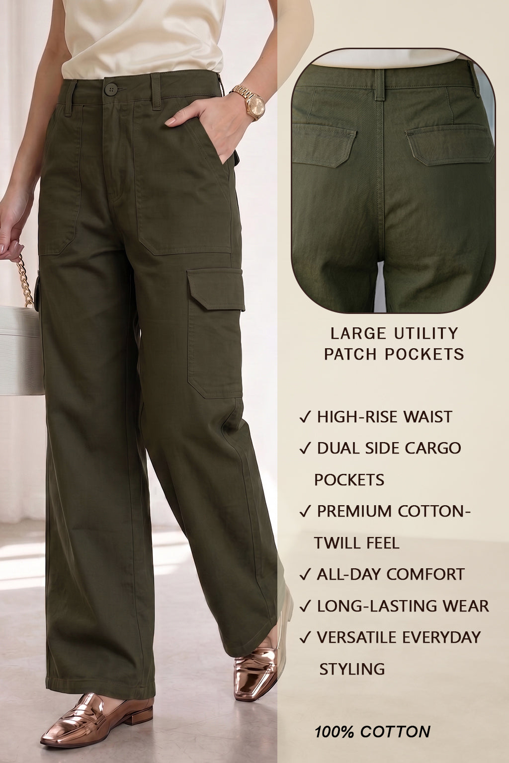 Olive Structured 5 Pocket Straight Fit Woven Cargo