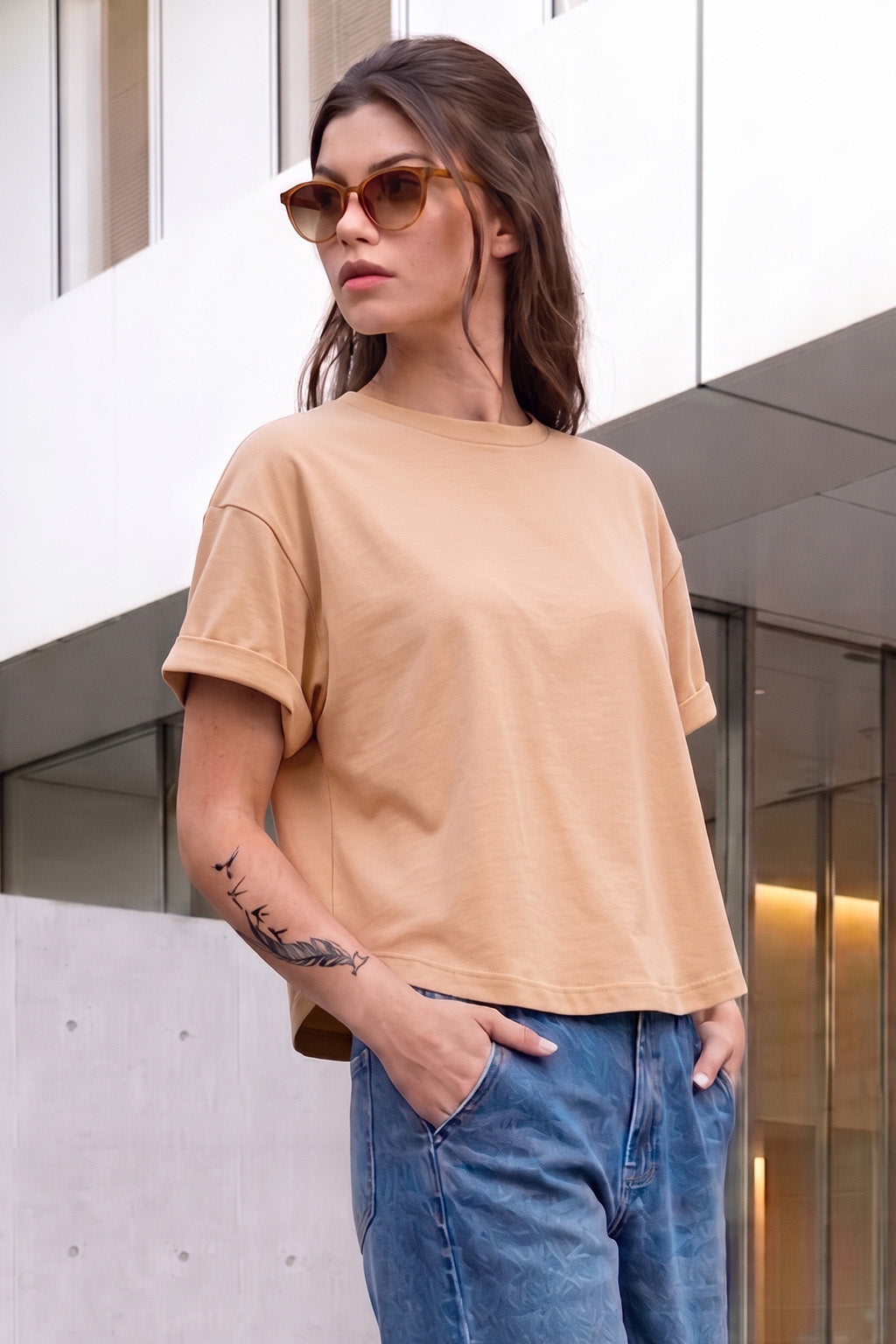 Beige Plain Boyfriend Fit T-Shirt