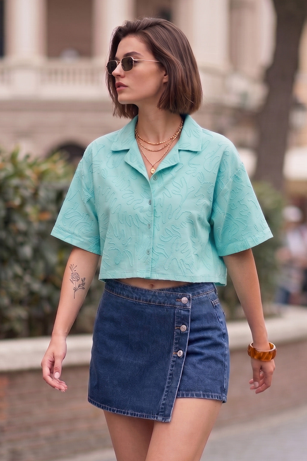 AOP Turquoise Oversized Crop Shirt