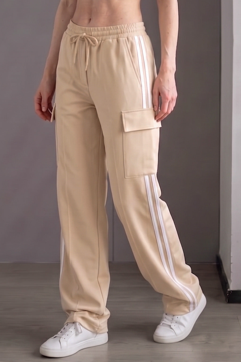 Beige Everyday Street line 4 Pocket Knitted Cargo Track Pant