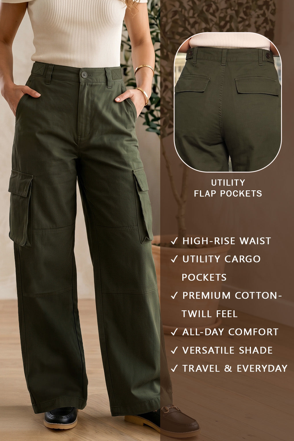 Olive Green Plain 5 Pocket Straight Fit Woven Cargo