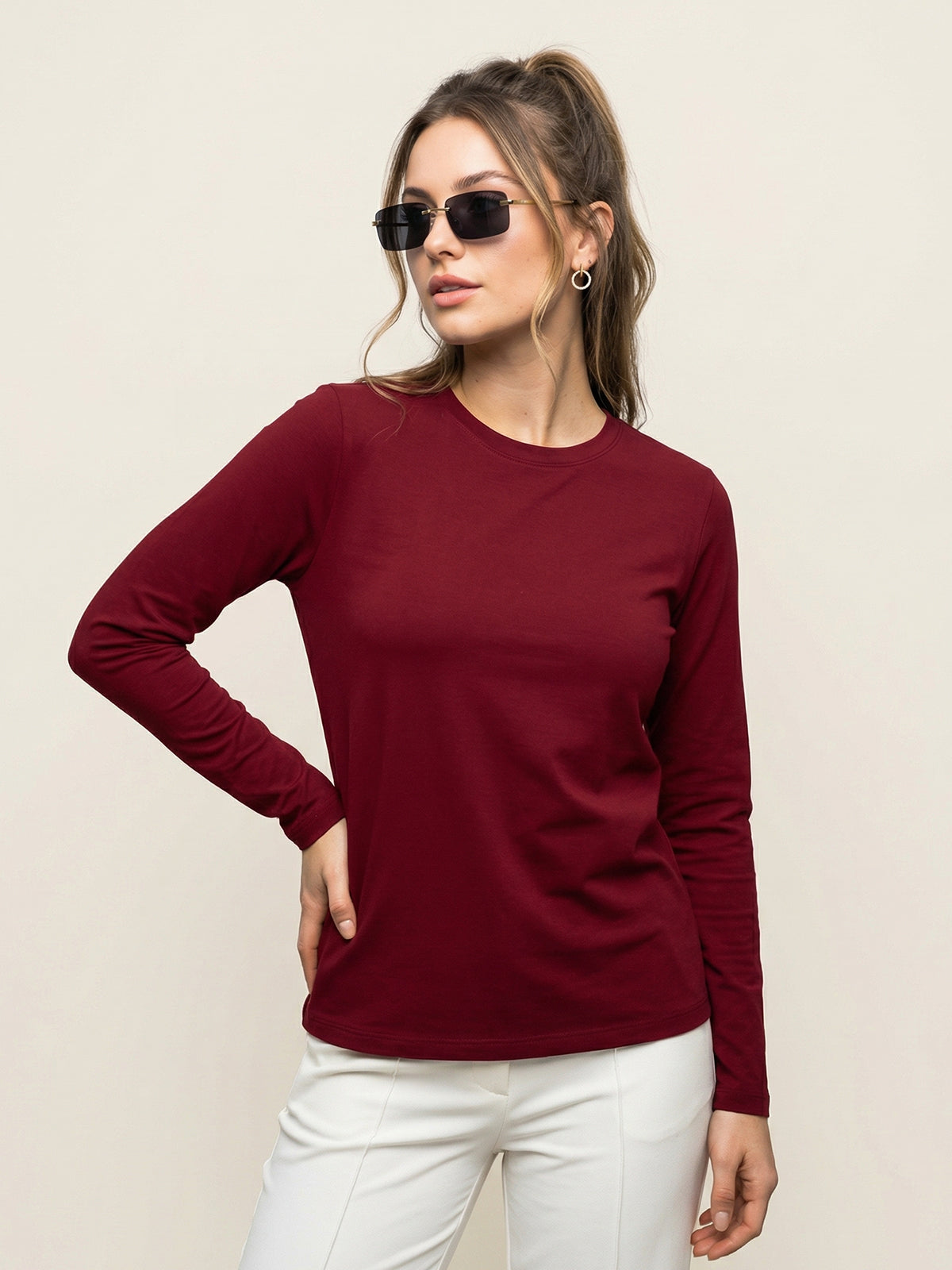 Maroon Plain Full Sleeve Regular Fit T-Shirt