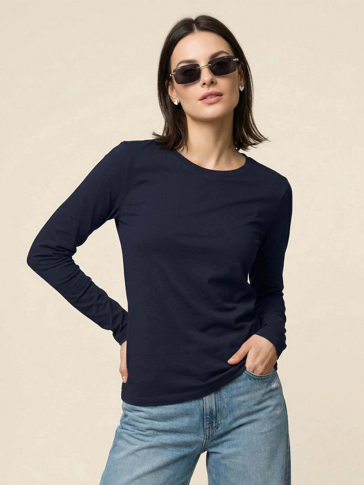 Navy Plain Full Sleeve Regular Fit T-Shirt