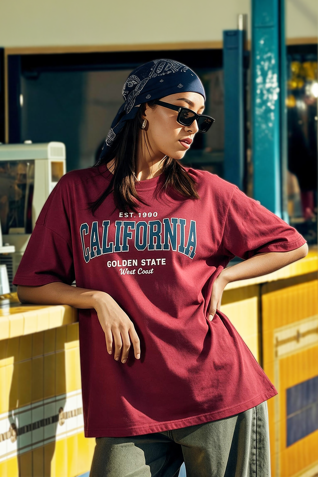California Maroon Oversized Typographic T-Shirt
