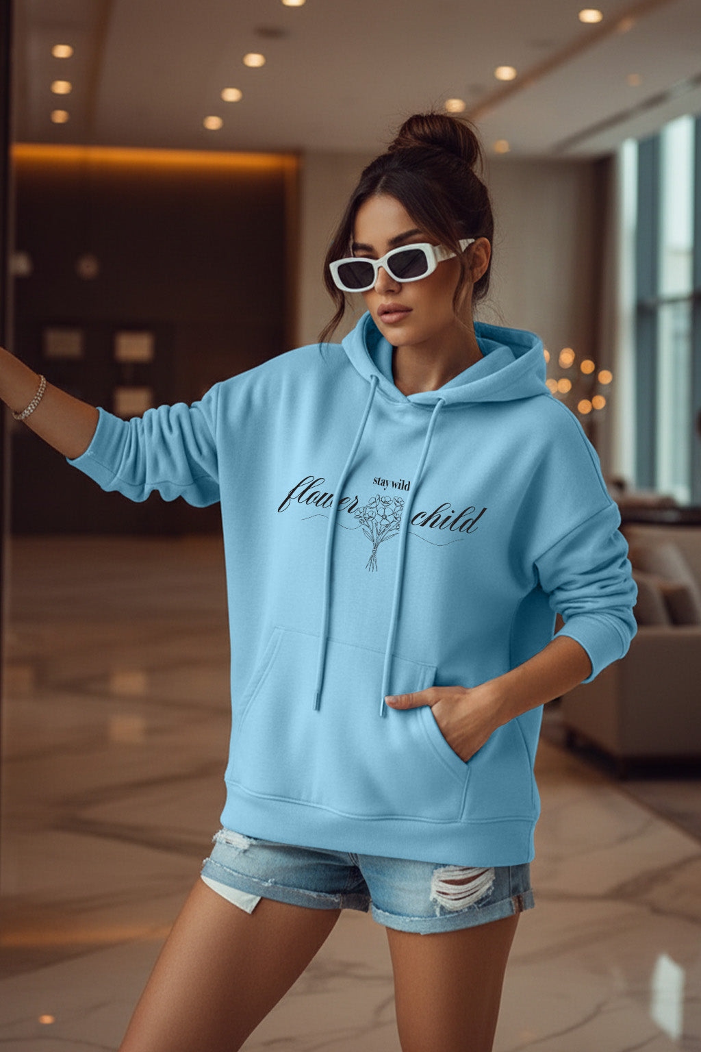Flower Child Blue Oversized Printed Hoodie