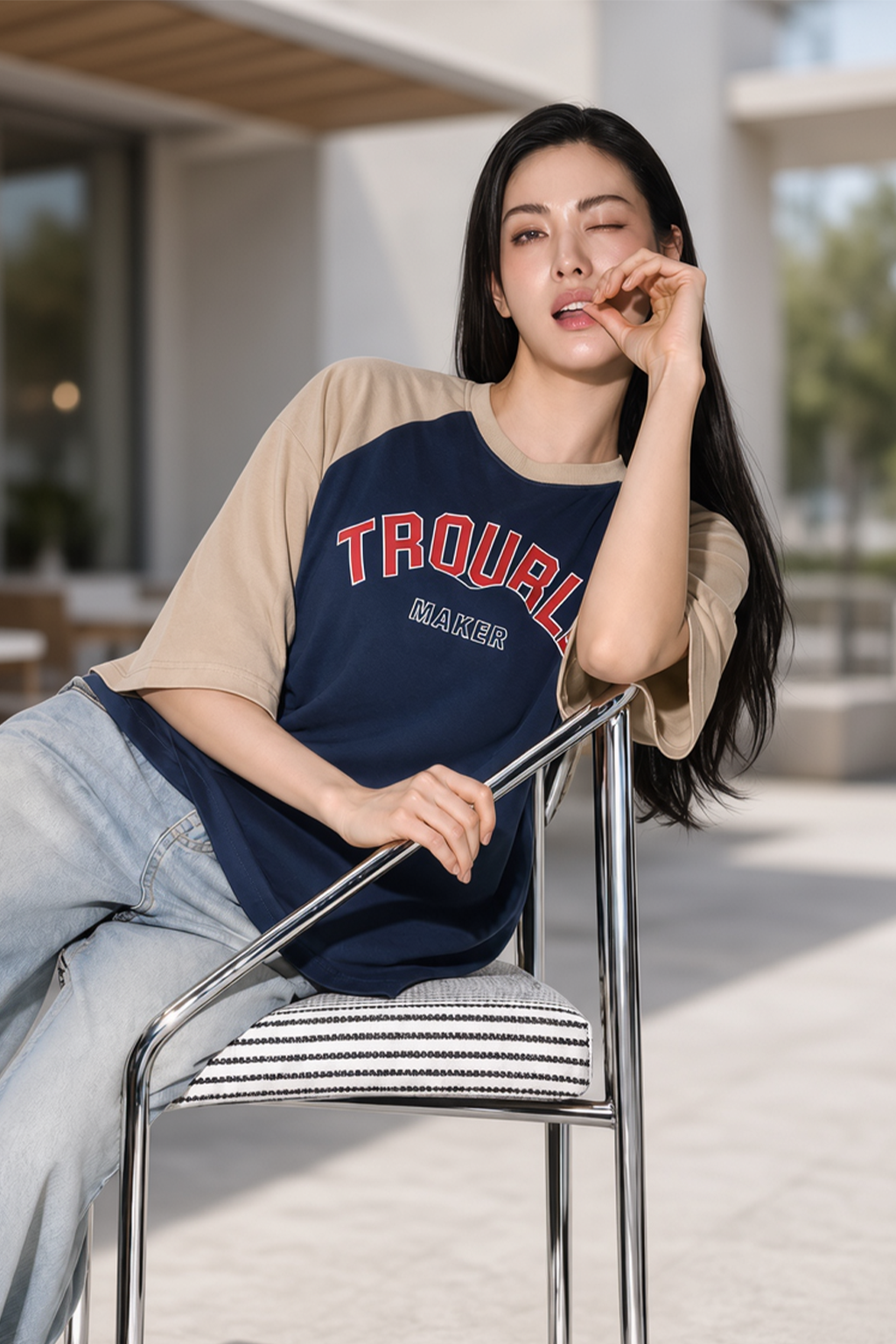 Trouble Maker Navy Blue Oversized Graphic T-Shirt