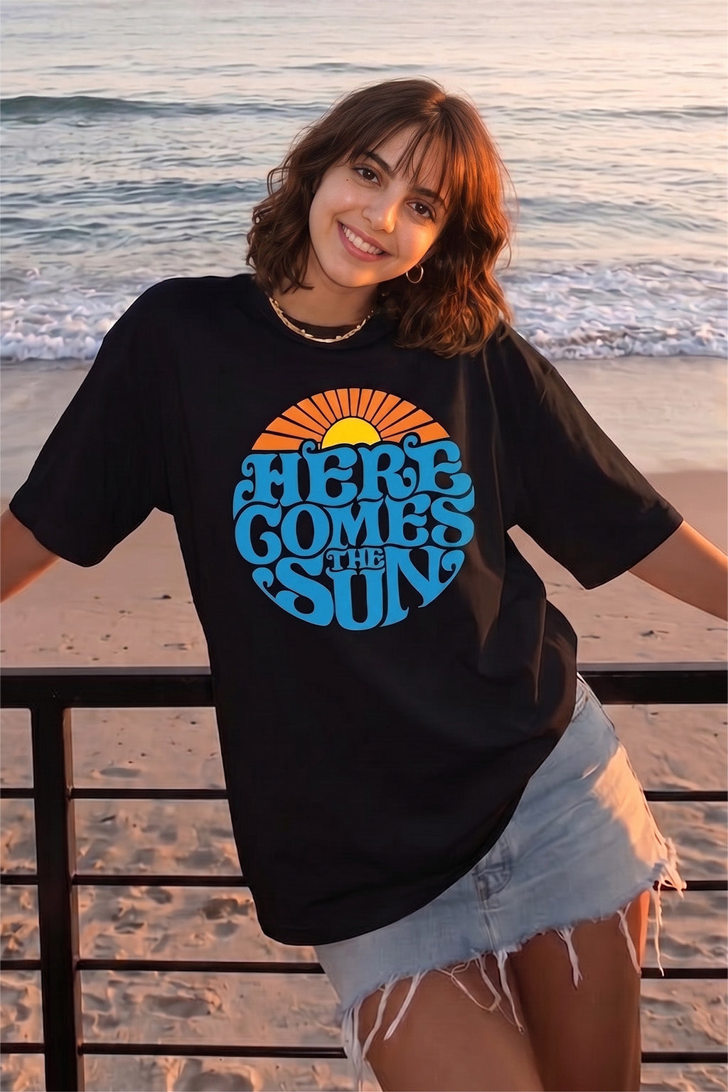 Here Comes The Sun Typographic Printed Oversized Fit Black T-Shirt