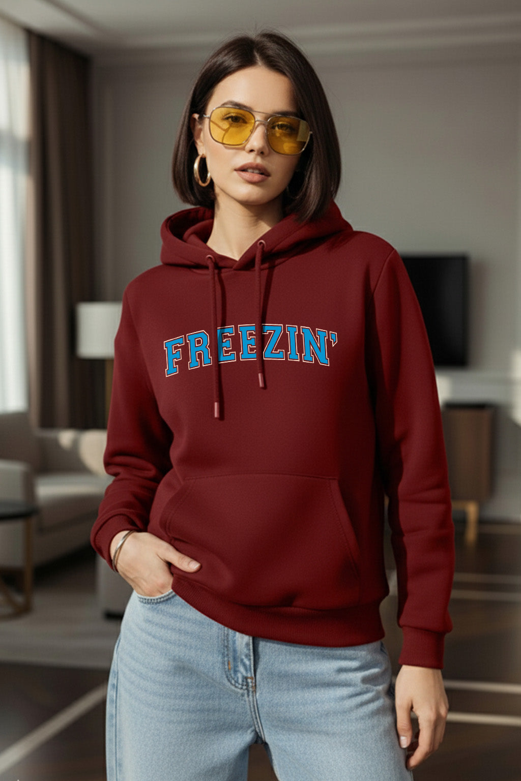 Freezin Maroon Regular Fit Printed Hoodie