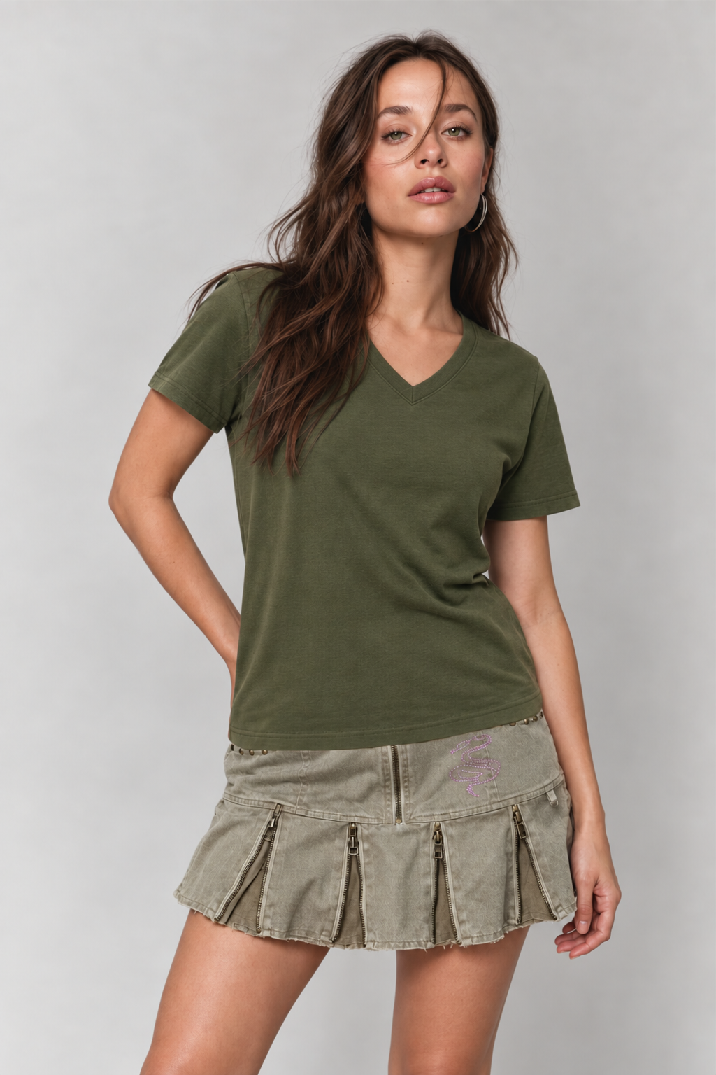 Olive Plain V-Neck Regular Fit T-Shirt