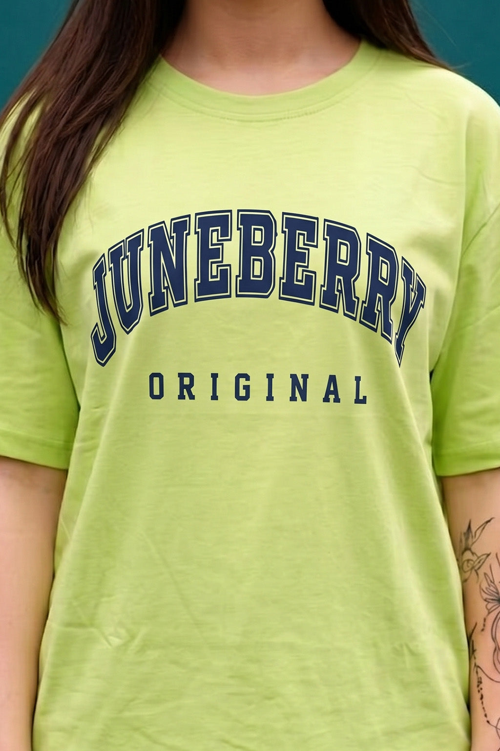 Juneberry Original Neon Green Oversized Fit Graphic T-Shirt