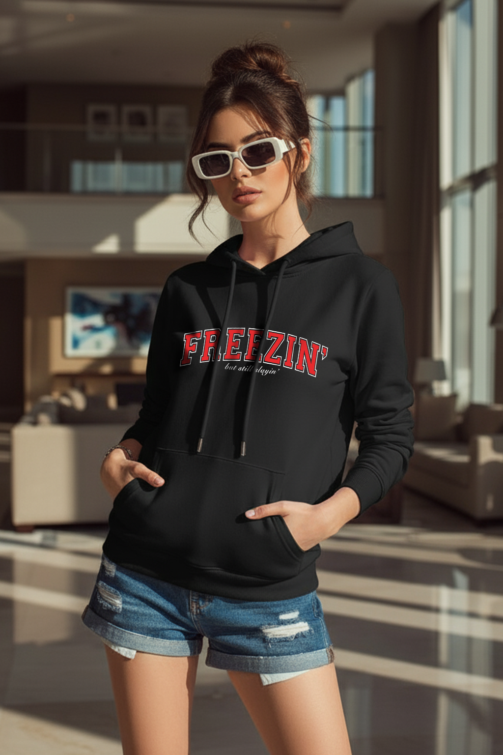 Freezin Black Regular Fit Printed Hoodie