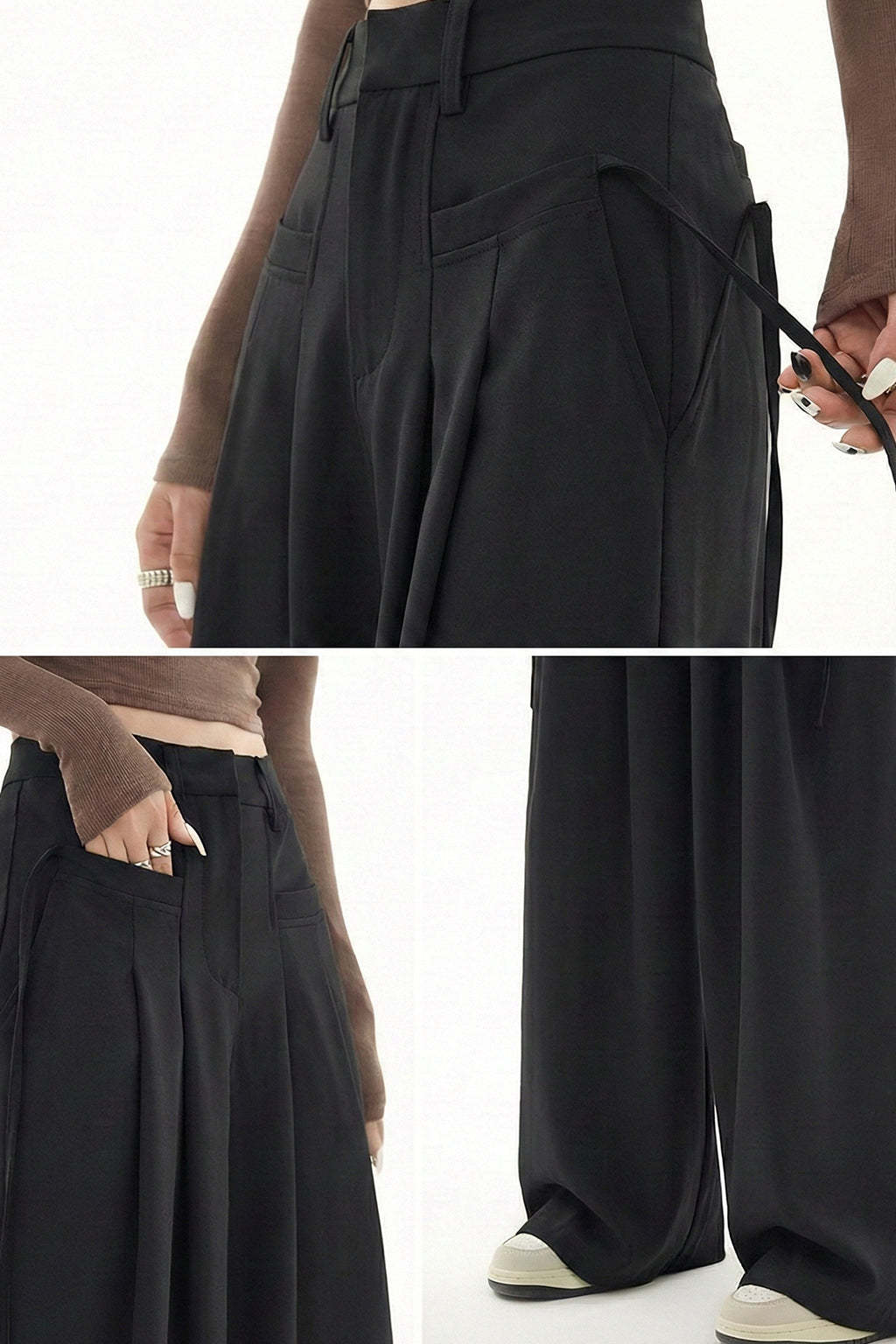Black HIgh Waist Tailored Wide-Leg Korean Pant