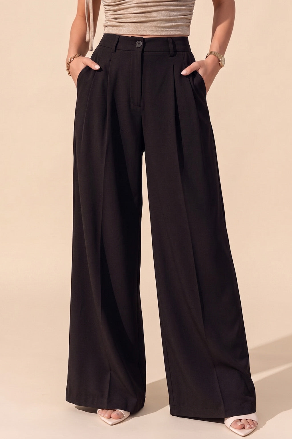 Black Classic Pleat Tailored Wide-Leg Korean Pant