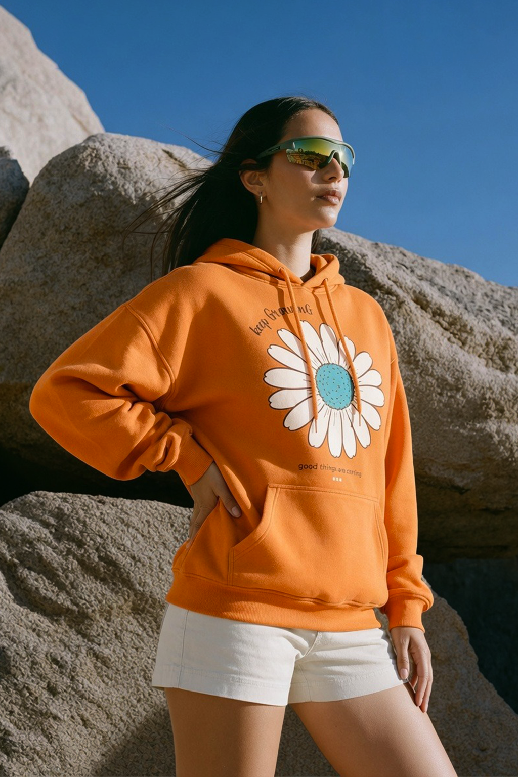 Keep Growing Graphic Printed Orange Oversized Hoodie