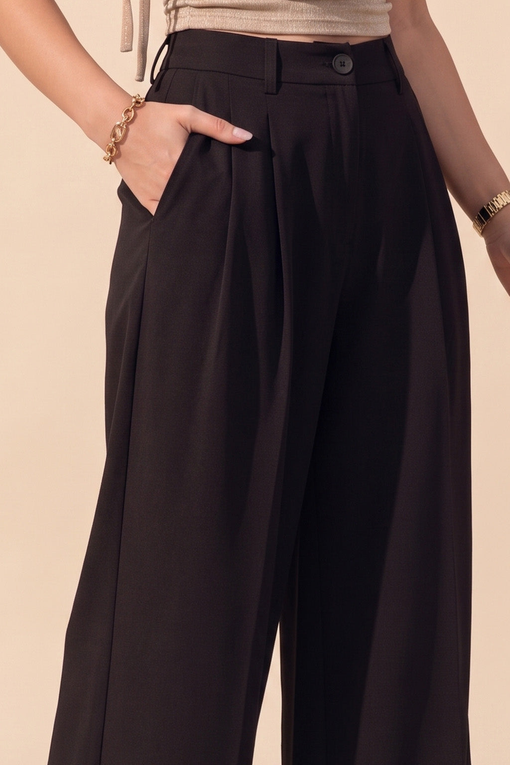 Black Classic Pleat Tailored Wide-Leg Korean Pant
