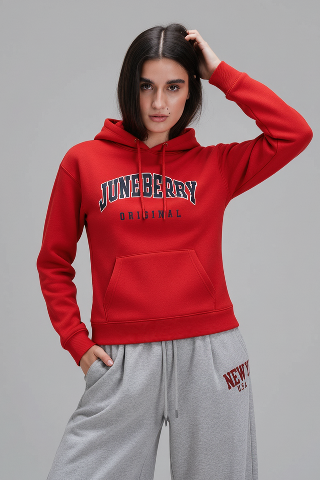 Juneberry Original Red Oversized Graphic Printed Hoodie