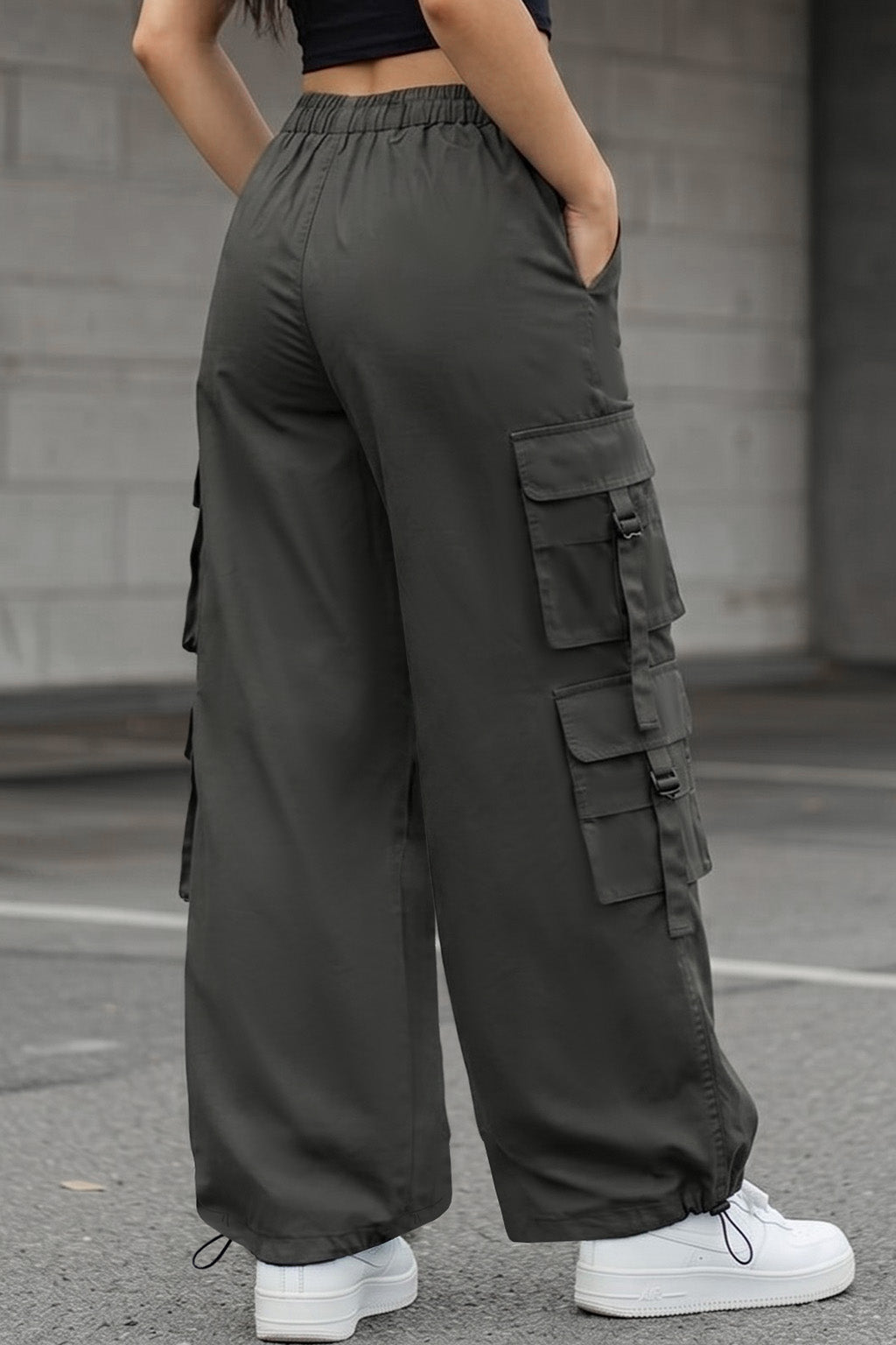 Grey 6-Pocket Drawcord Straight Fit Parachute Pant
