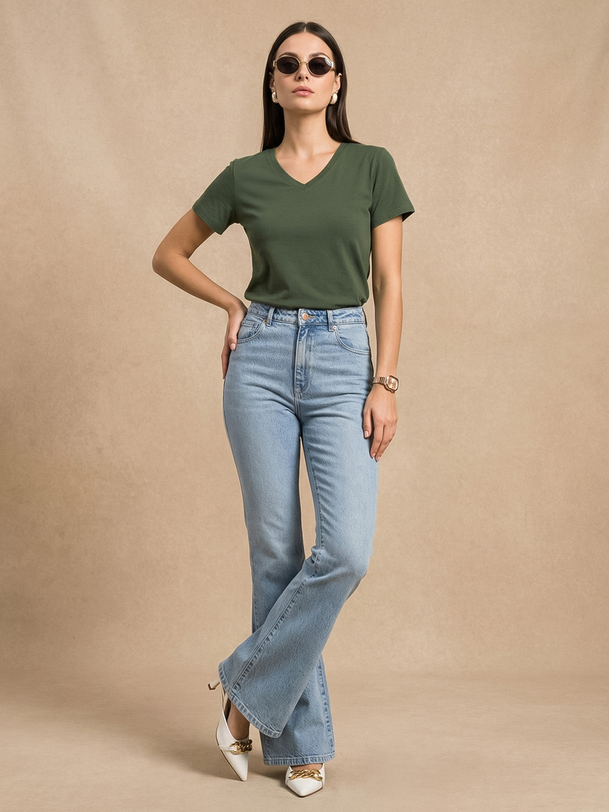 Olive Plain V-Neck Regular Fit T-Shirt