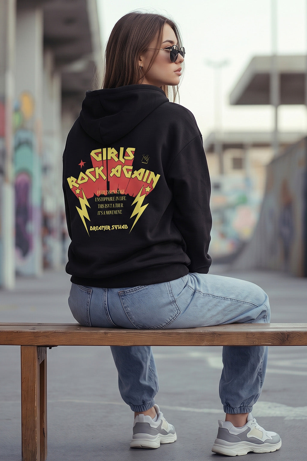 Girls Rock Black Maroon Oversized Printed Hoodie