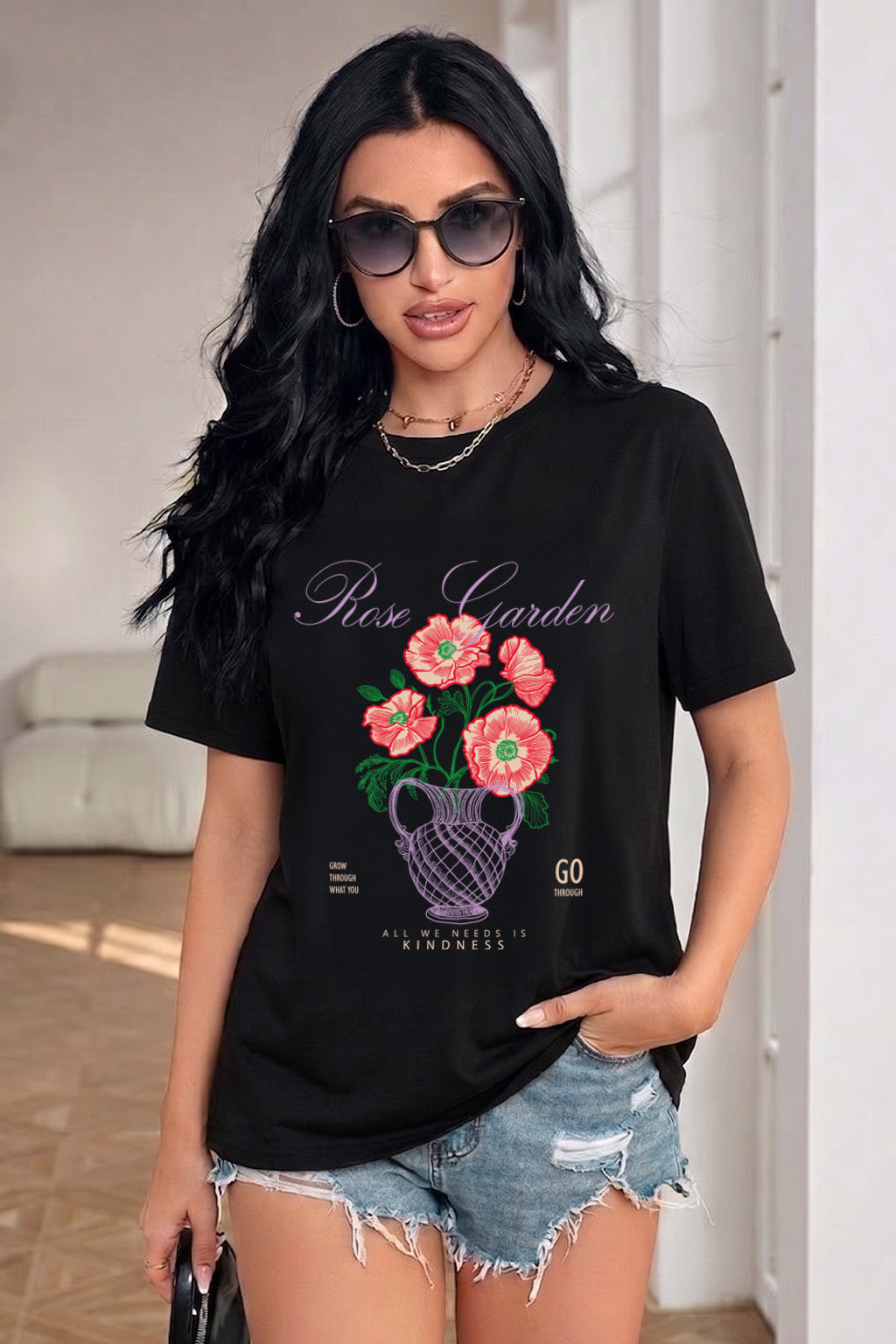 Rose Garden Black Printed Regular Fit T-Shirt