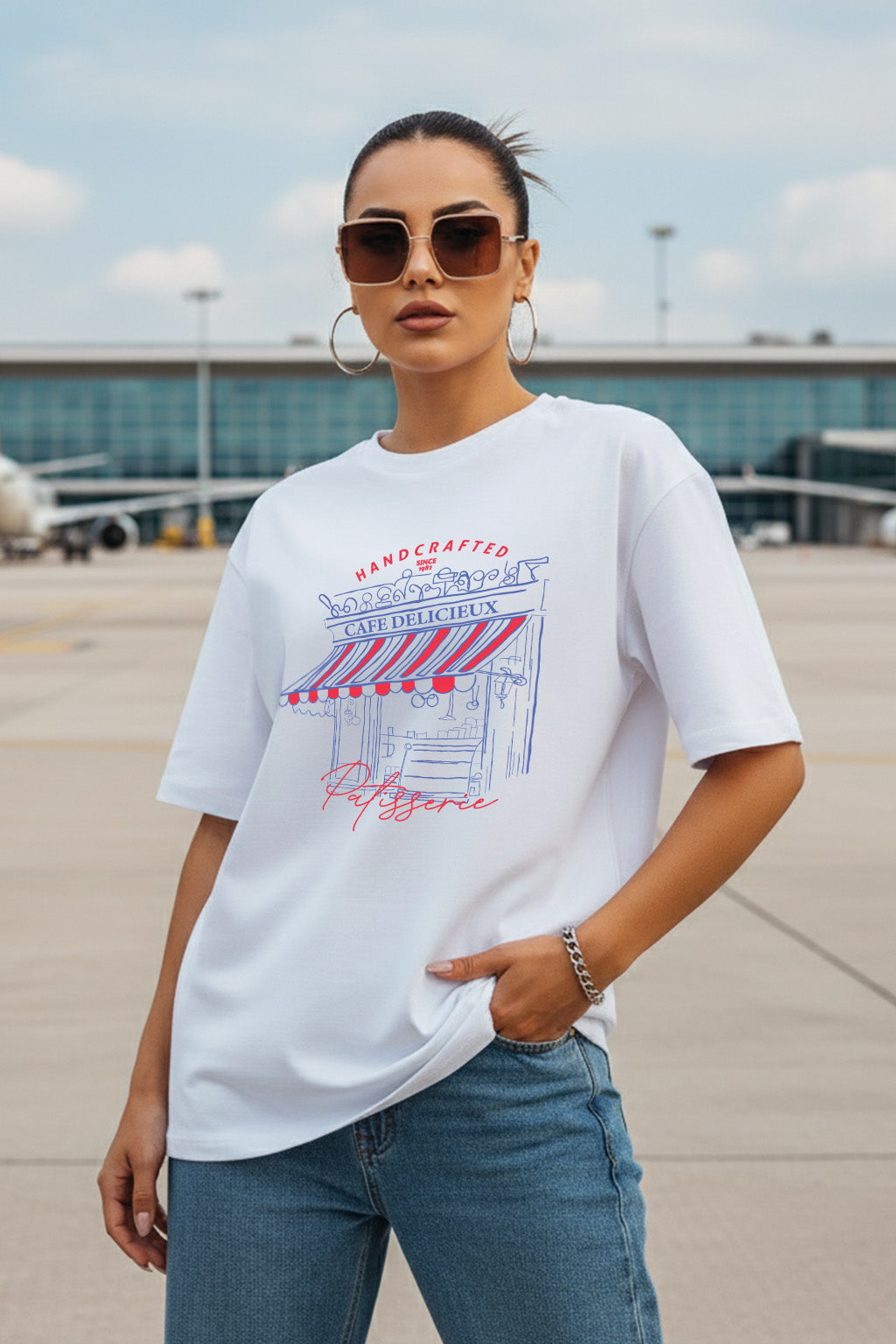 Handcrafted White Oversized Printed T-Shirt
