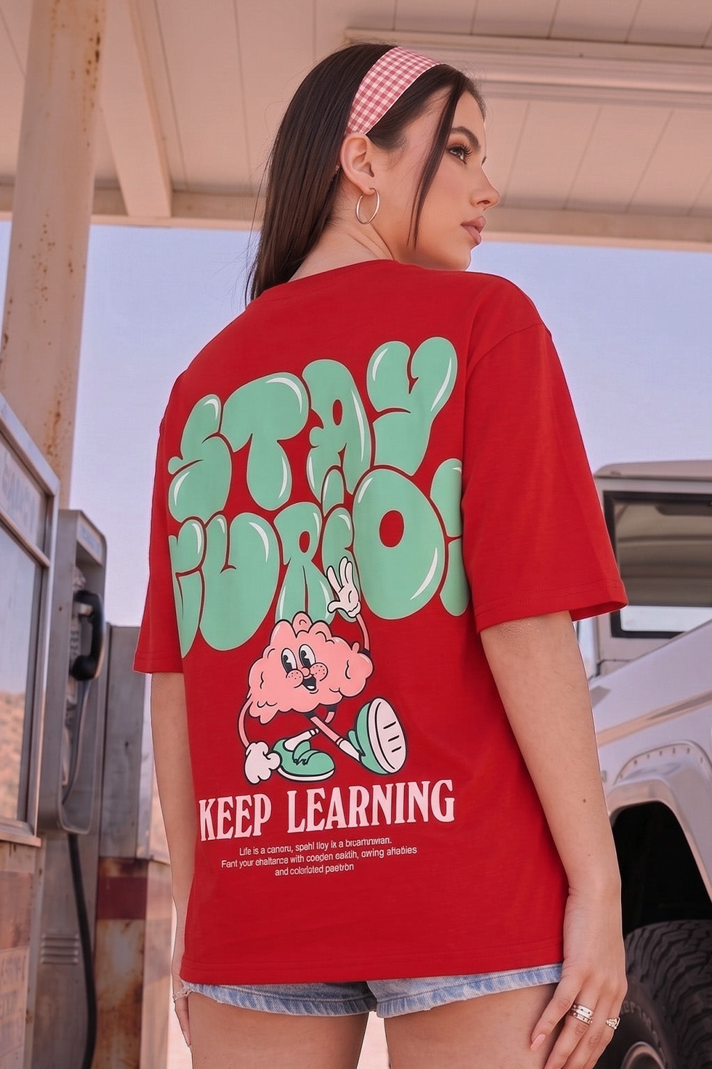 Stay Curious Red Oversized Typographic T-Shirt