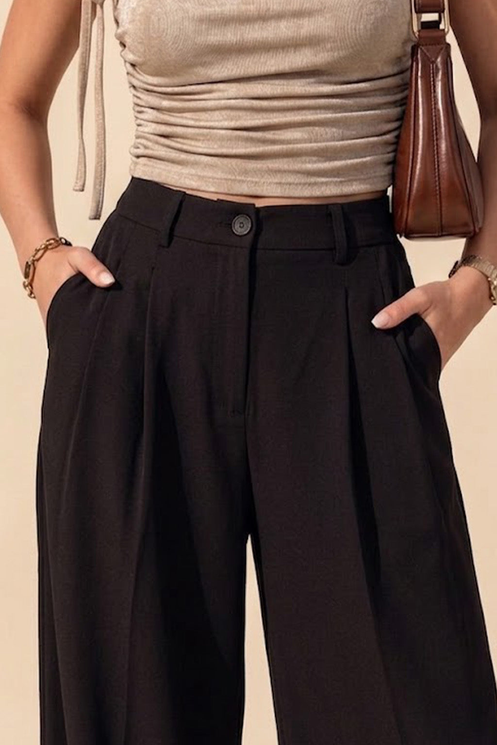 Black Classic Pleat Tailored Wide-Leg Korean Pant