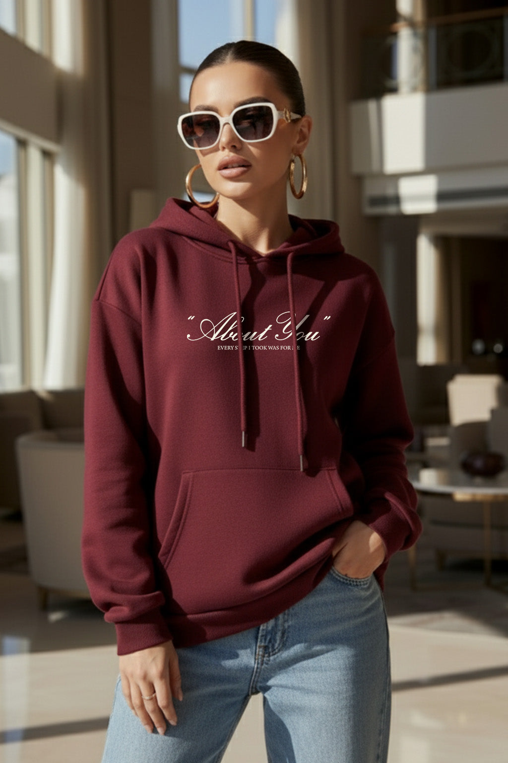 About You Maroon Oversized Printed Hoodie