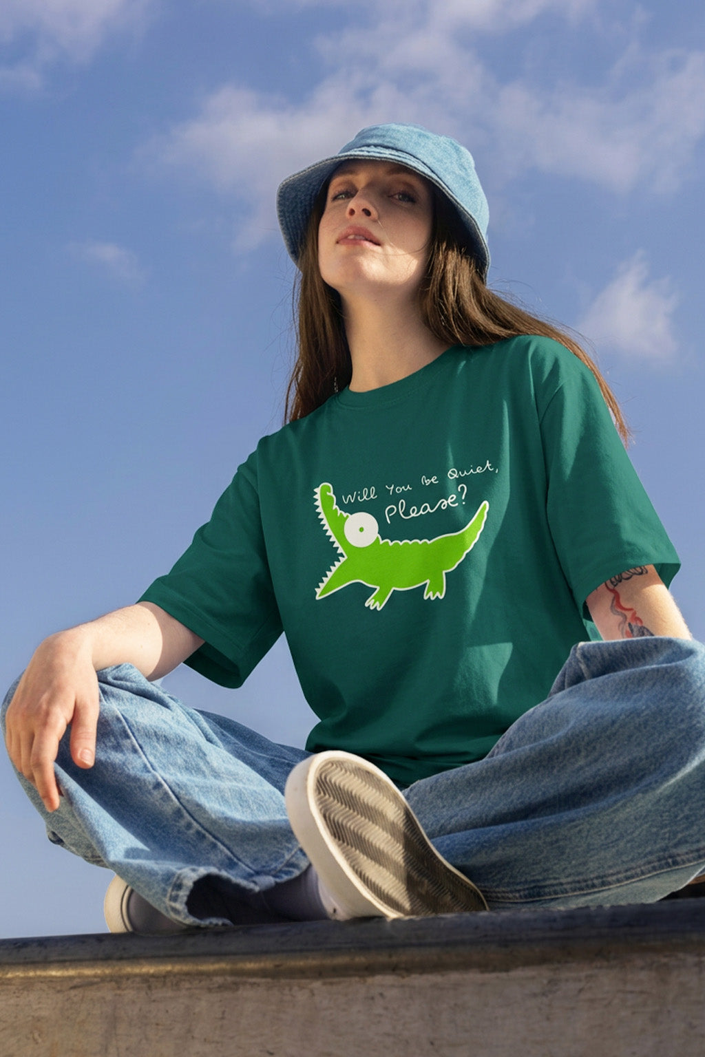 Quick Please Green Oversized Graphic T-Shirt