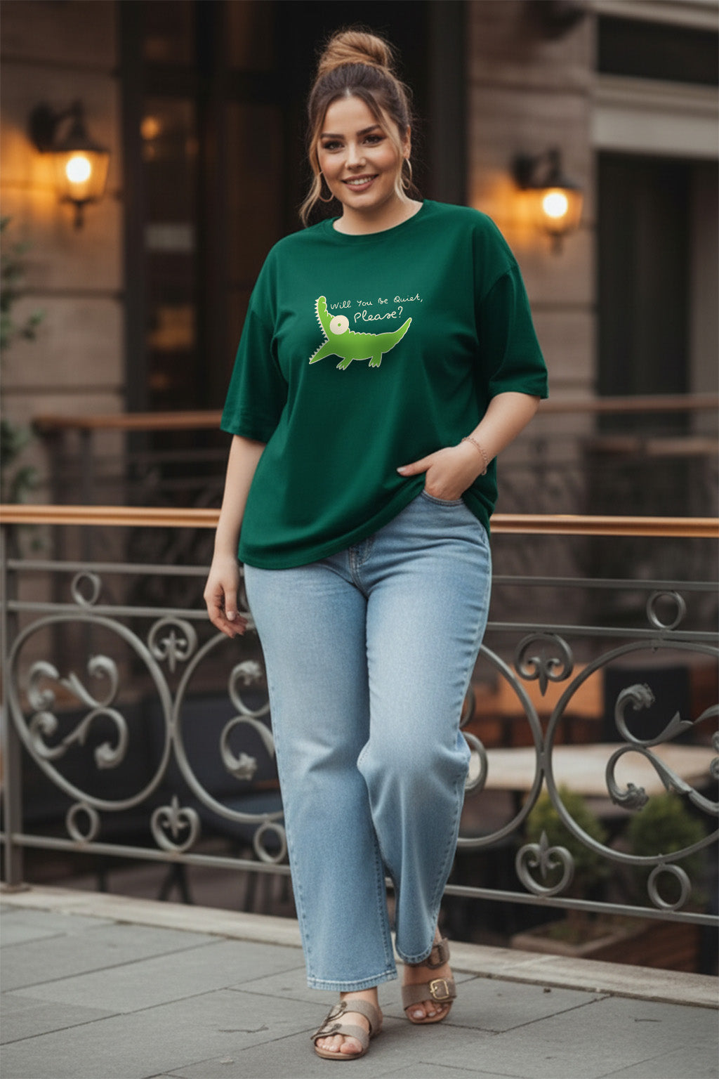 Quick Please Green Plus Size Printed T-shirt
