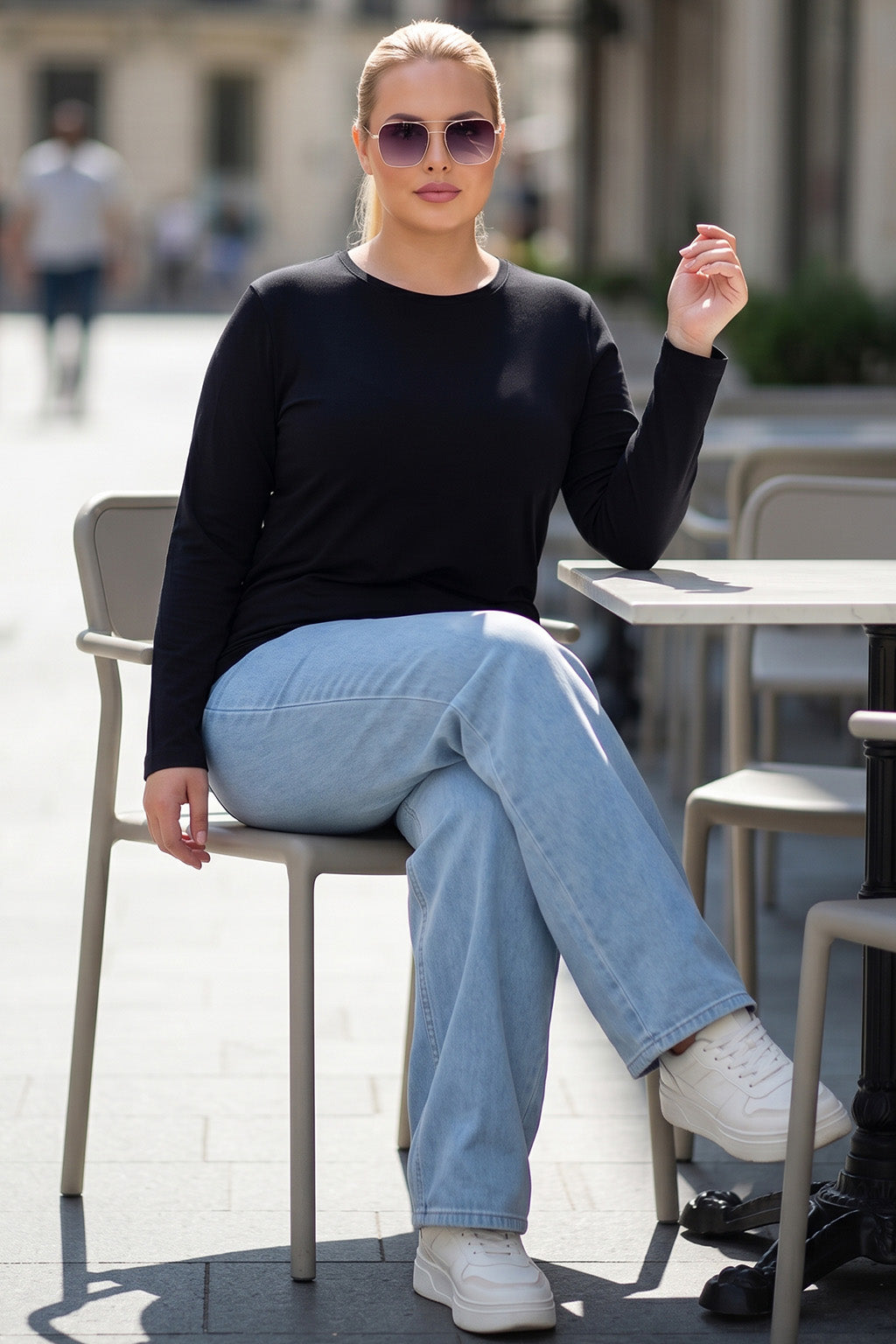 Black Plain Full Sleeve Plus Size T-shirt