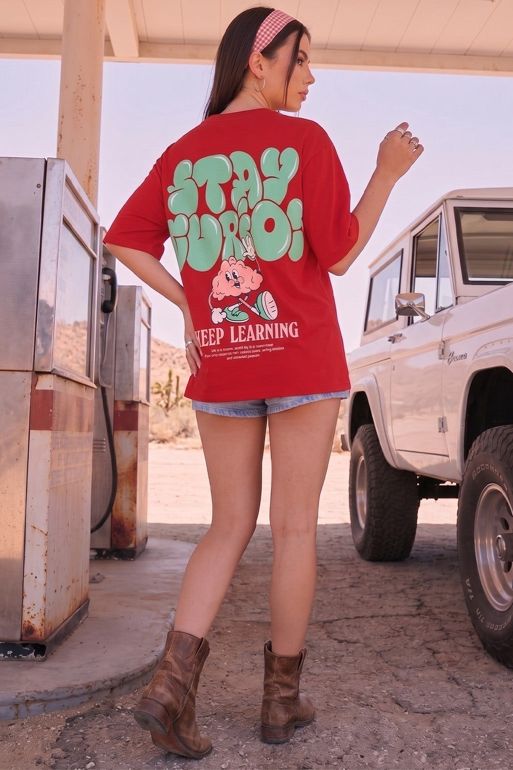 Stay Curious Red Oversized Typographic T-Shirt