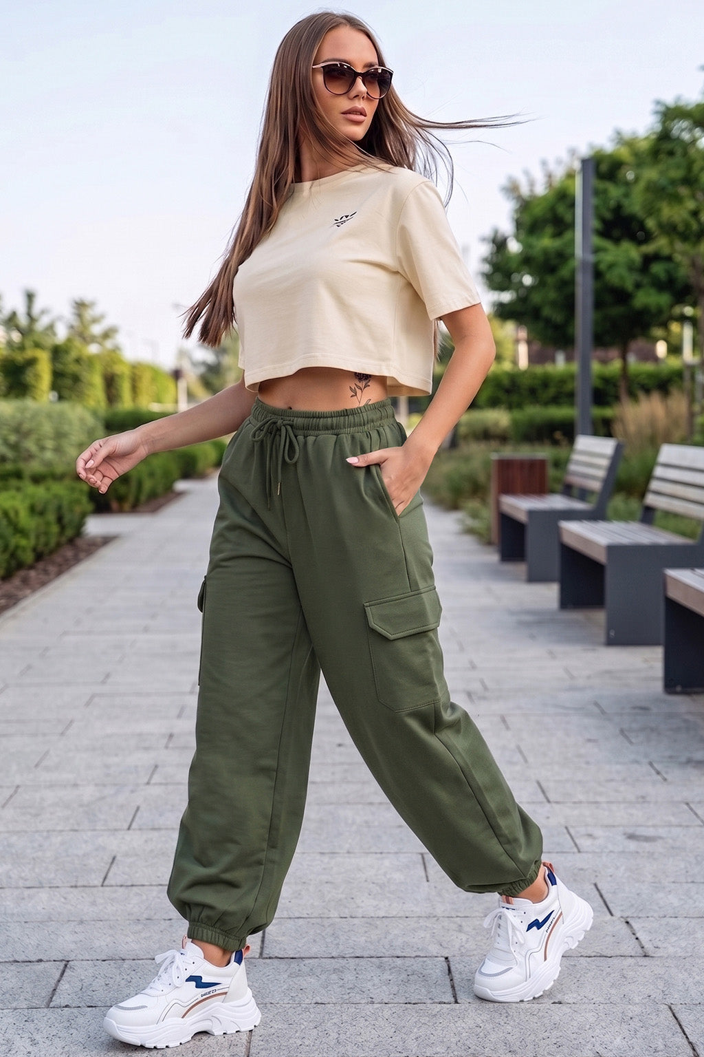 Olive Plain Baggy Fit Cargo Jogger