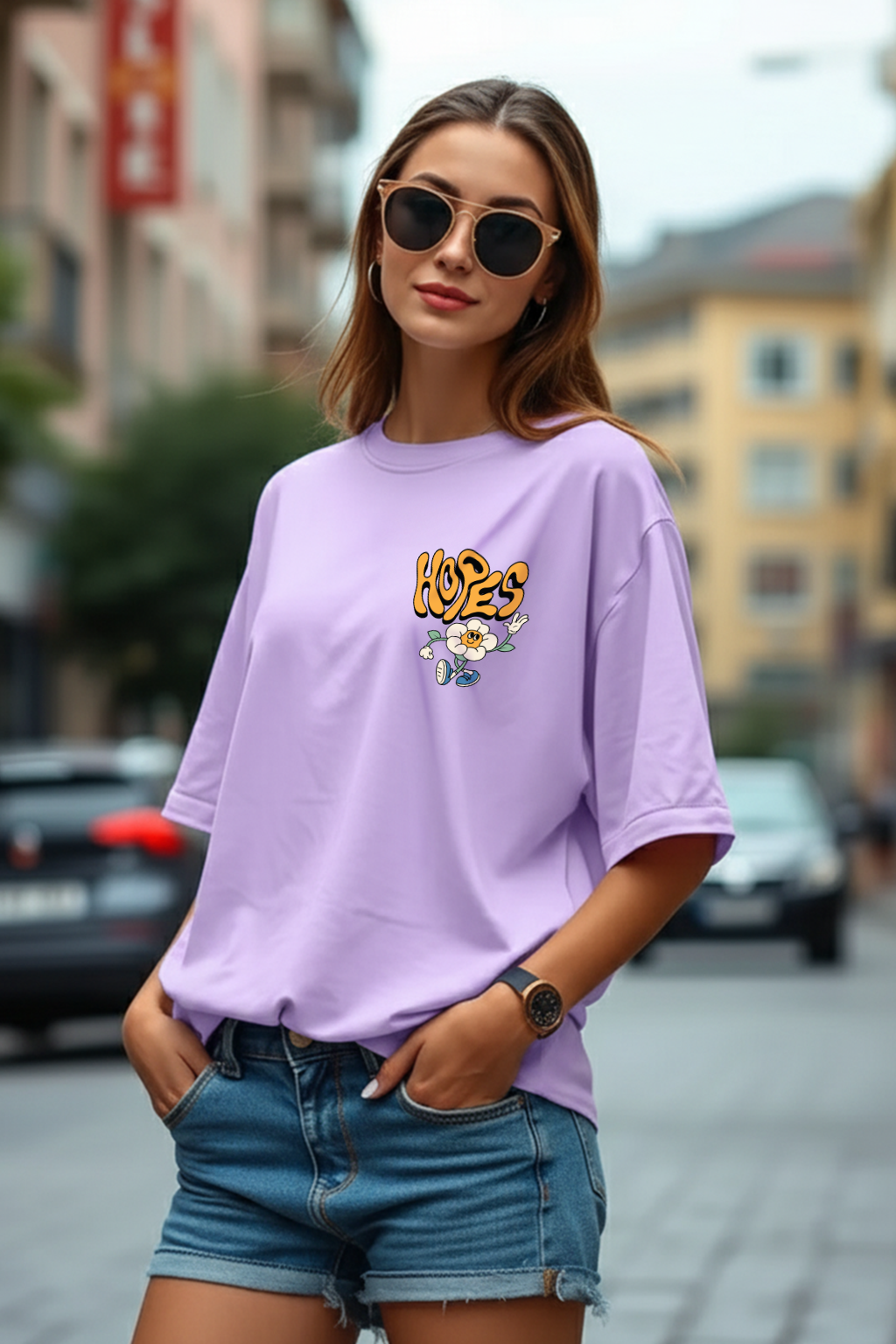 Hopes Lilac Oversized Graphic Printed T-Shirt