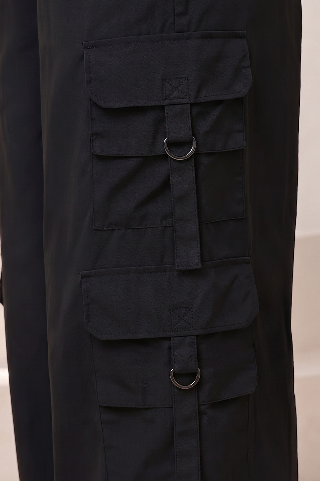 Black 6-Pocket Drawcord Straight Fit Parachute Pant