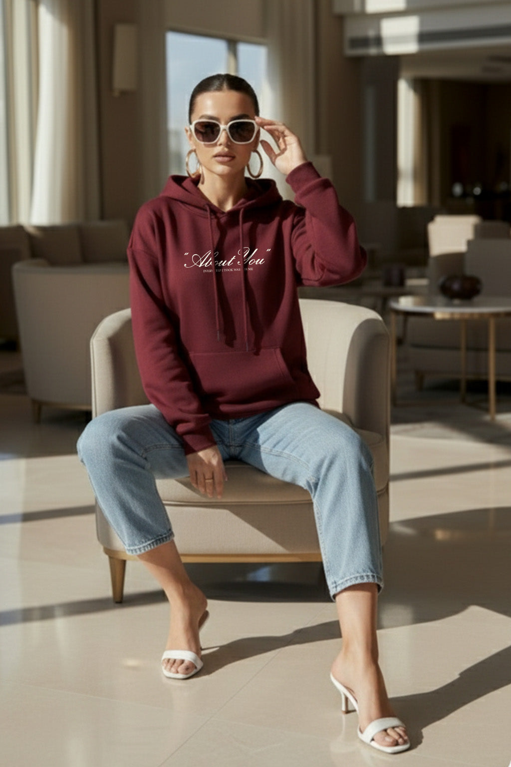 About You Maroon Oversized Printed Hoodie