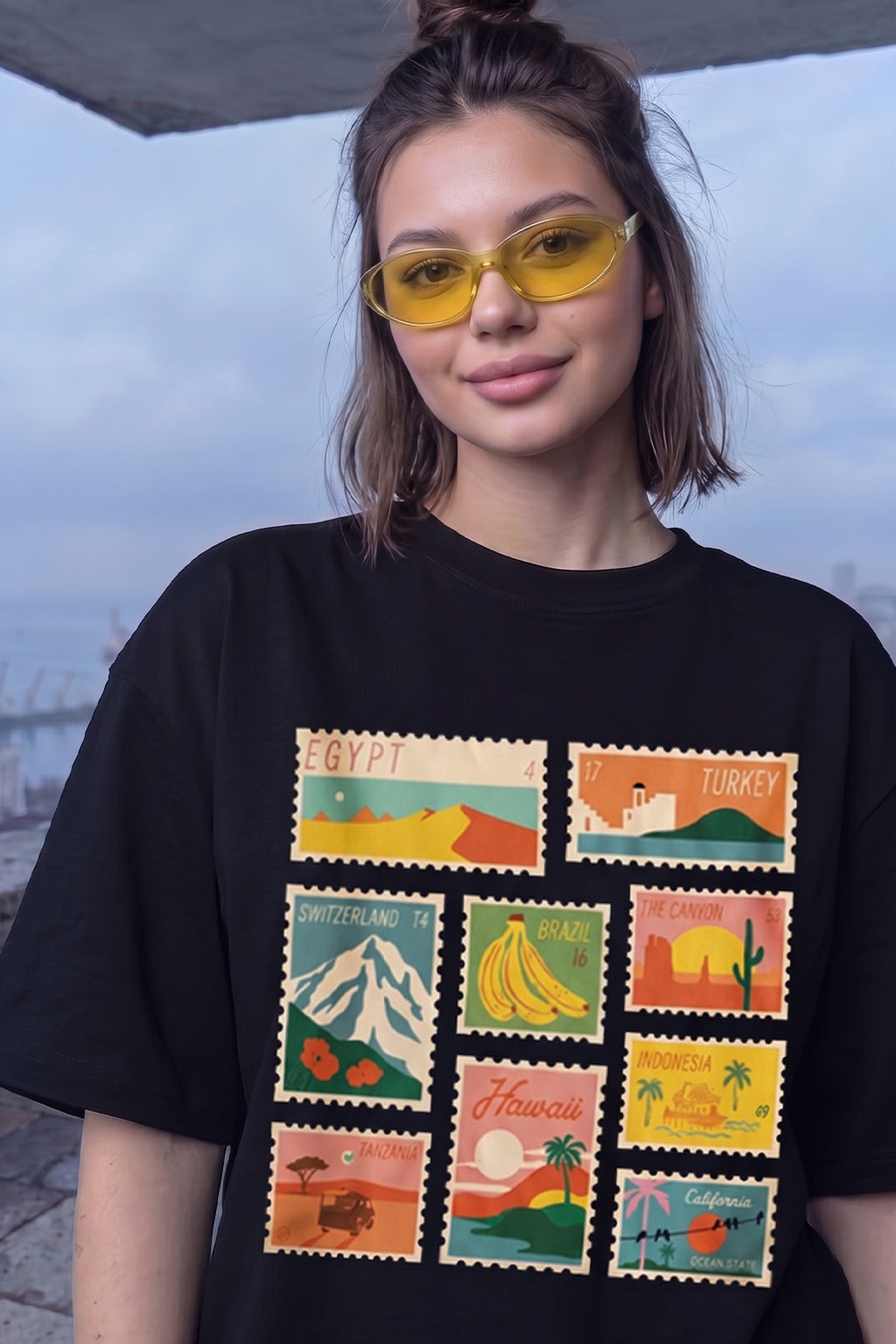 City Travel Black Oversized Graphic Printed T-Shirt
