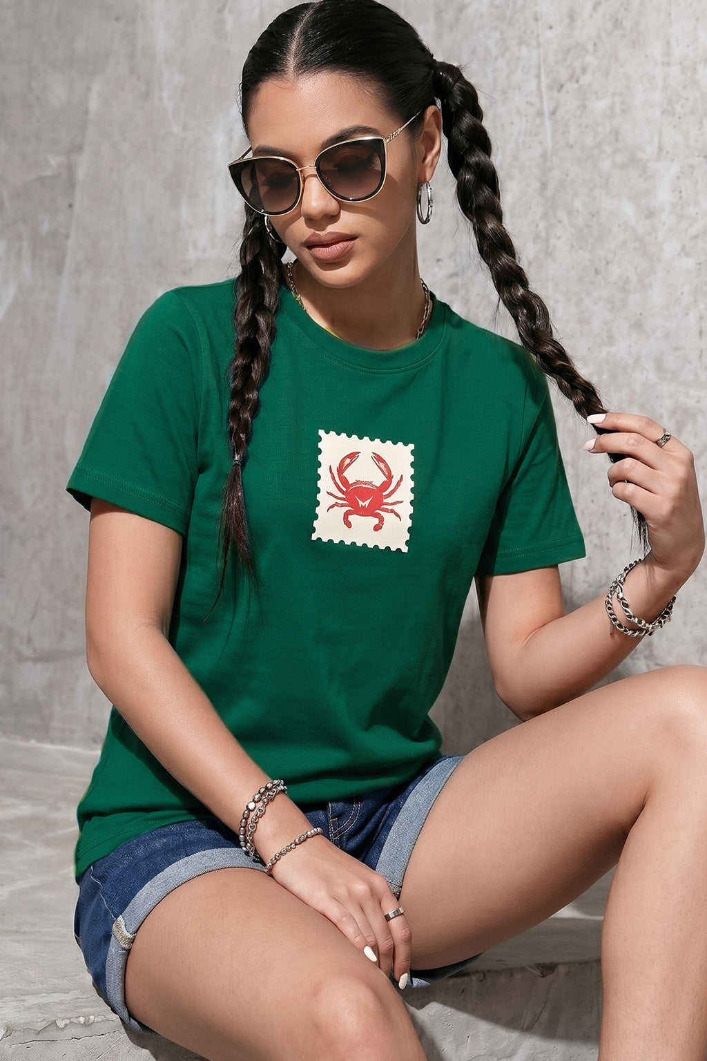Crab Green Printed Regular Fit T-Shirt