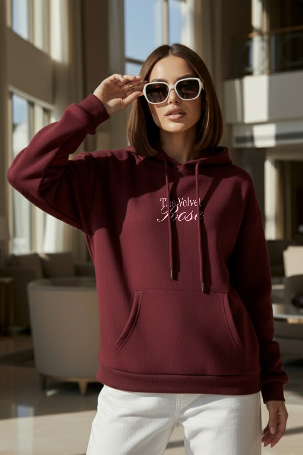 The Velvet Rose Maroon Oversized Printed Hoodie