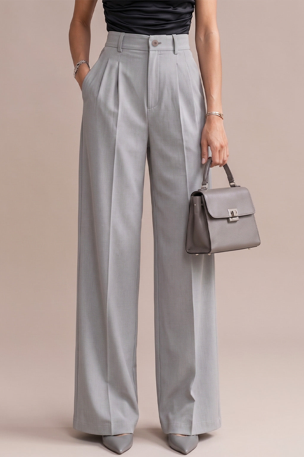 Silver Grey Classic Pleat Tailored Wide-Leg Korean Pant