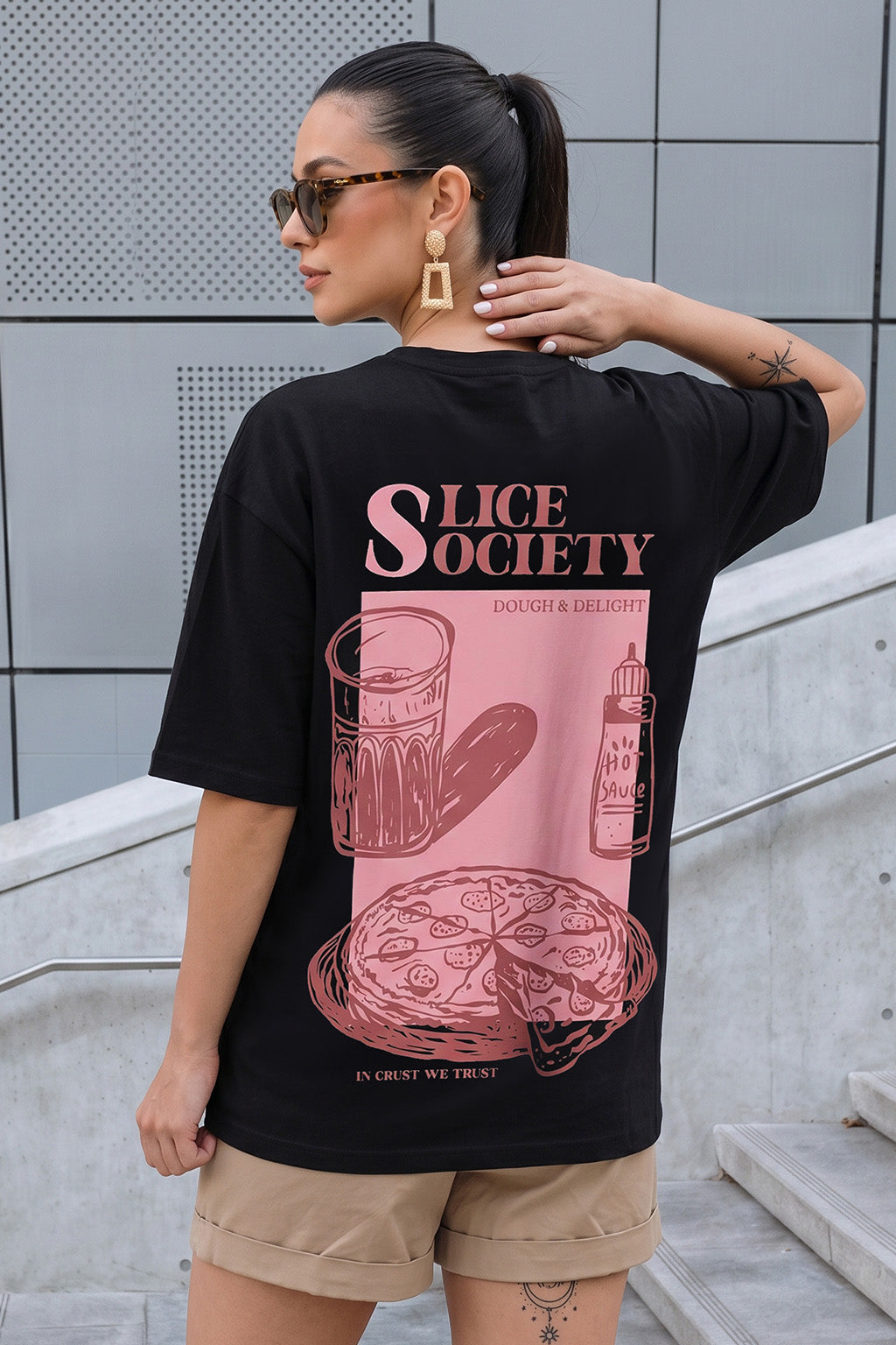 Pizza Black Oversized Graphic T-Shirt