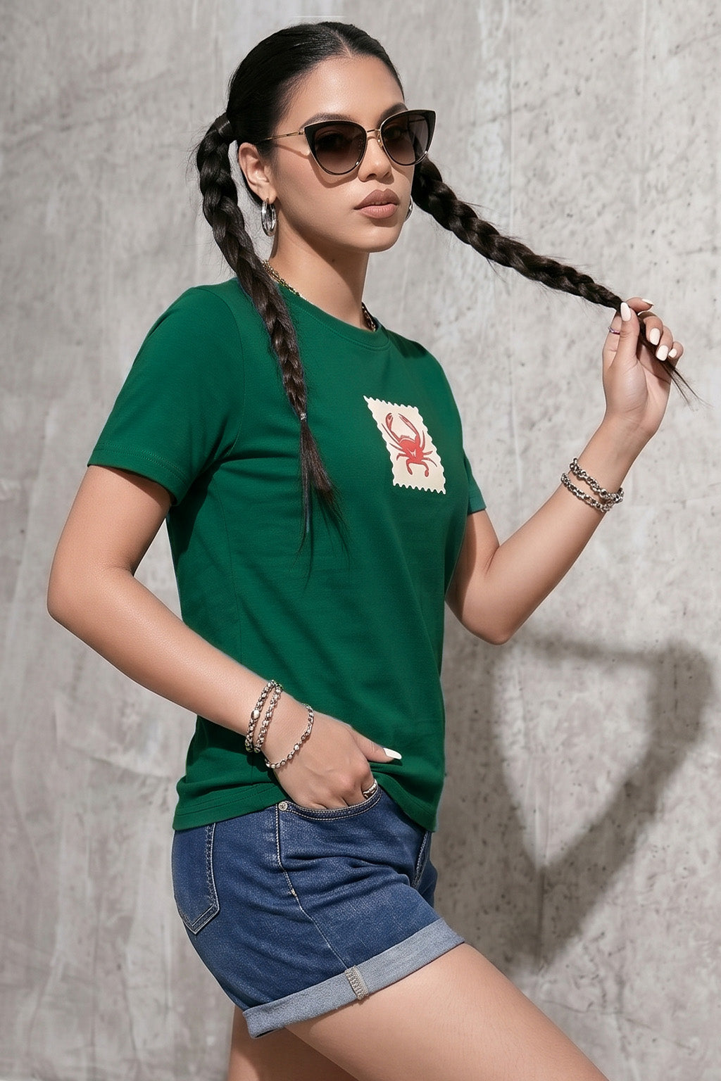 Crab Green Printed Regular Fit T-Shirt
