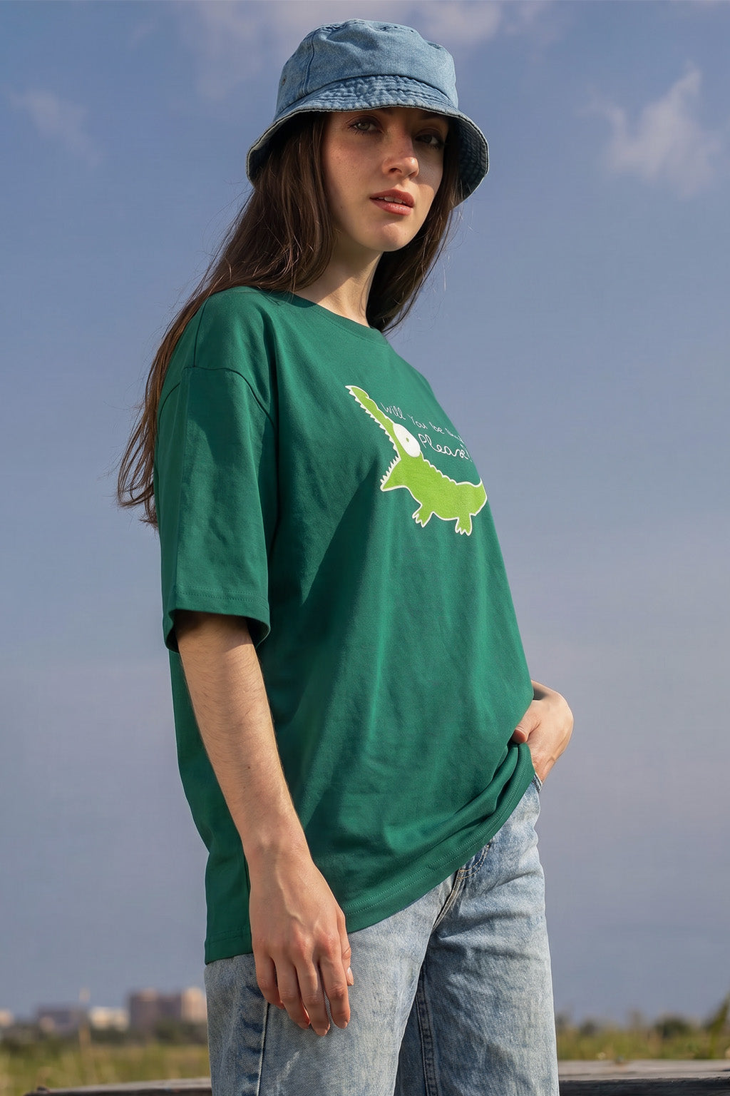 Quick Please Green Oversized Graphic T-Shirt