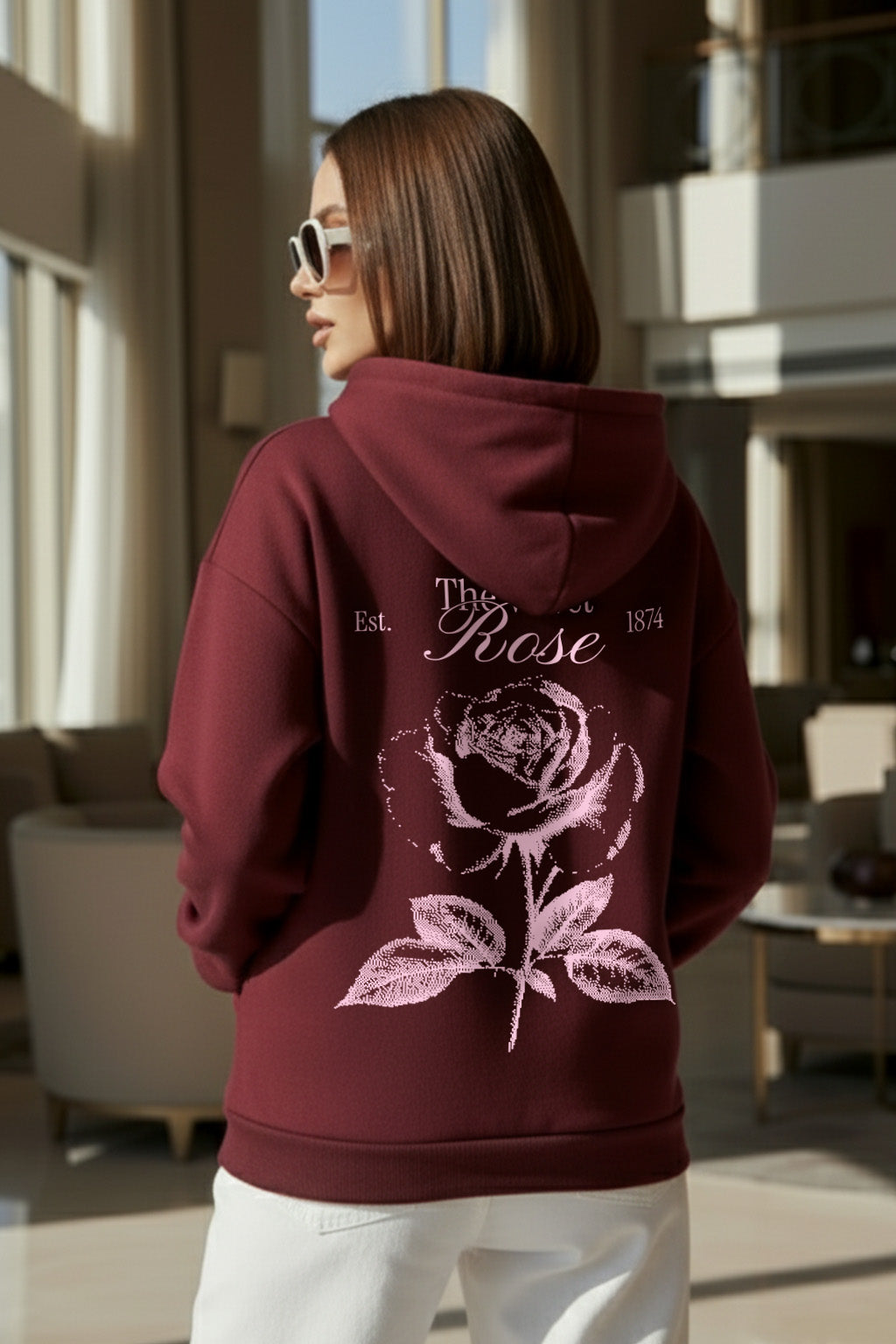 The Velvet Rose Maroon Oversized Printed Hoodie