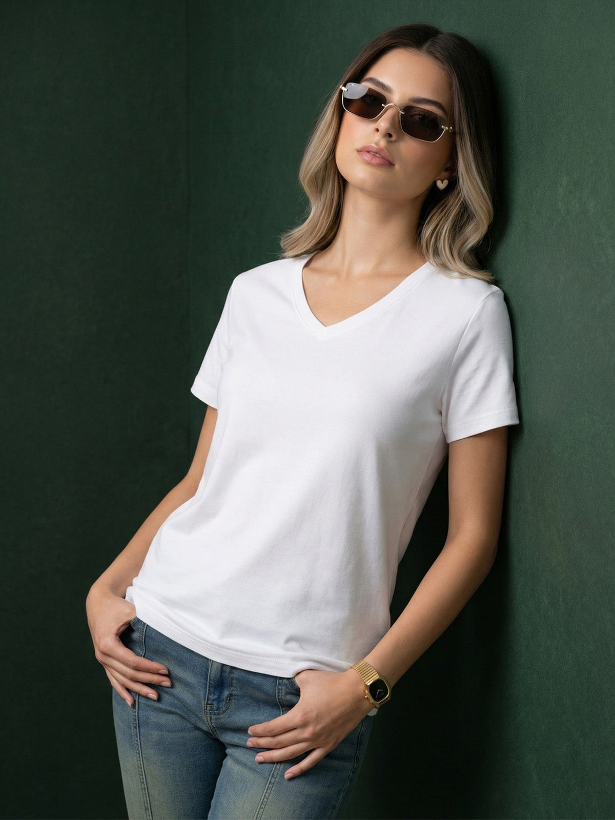 White Plain V-Neck Regular Fit T-Shirt