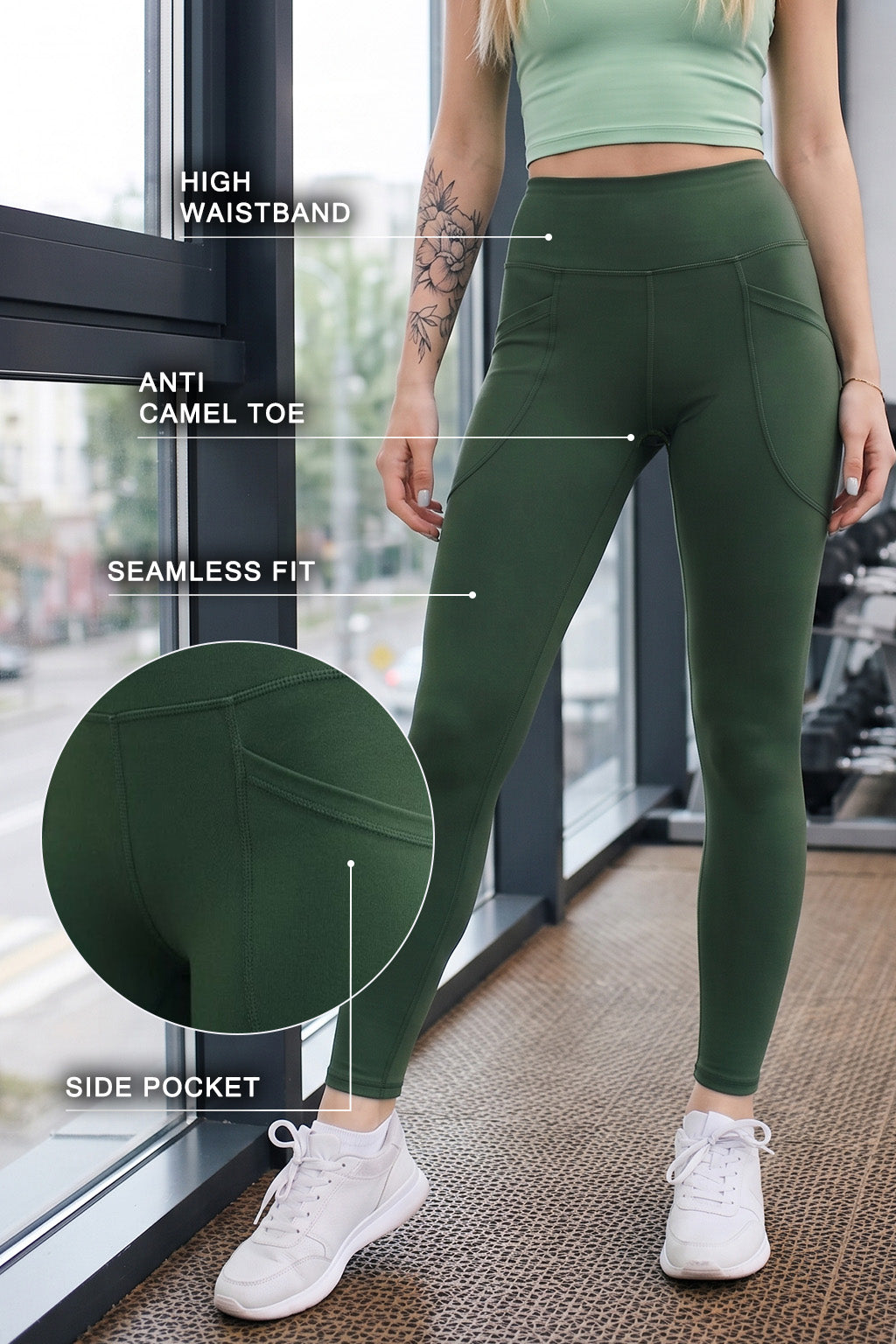 Green Plain 2 Pocket Skin Fit Legging