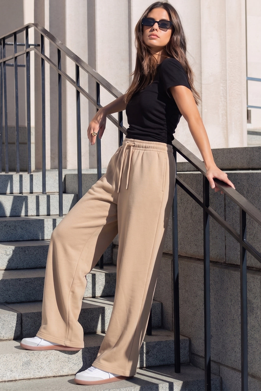 Beige Plain Wide Leg Track pant