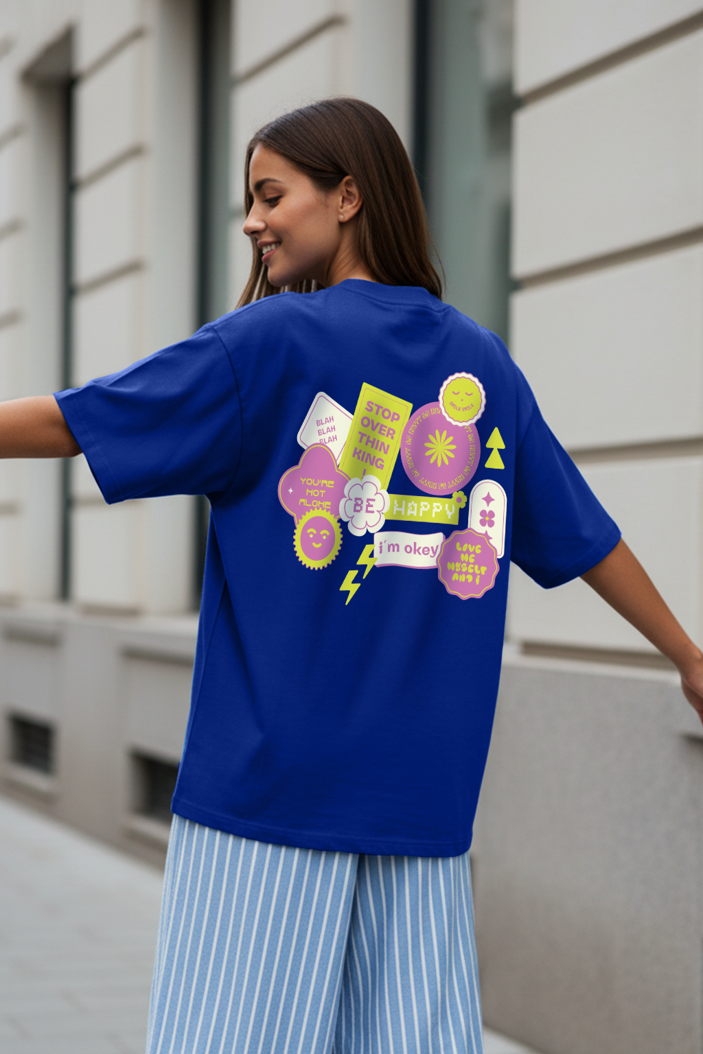 Be Happy Royal Blue Oversized Fit Graphic T-Shirt