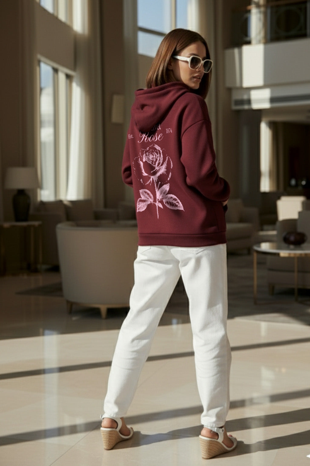 The Velvet Rose Maroon Oversized Printed Hoodie