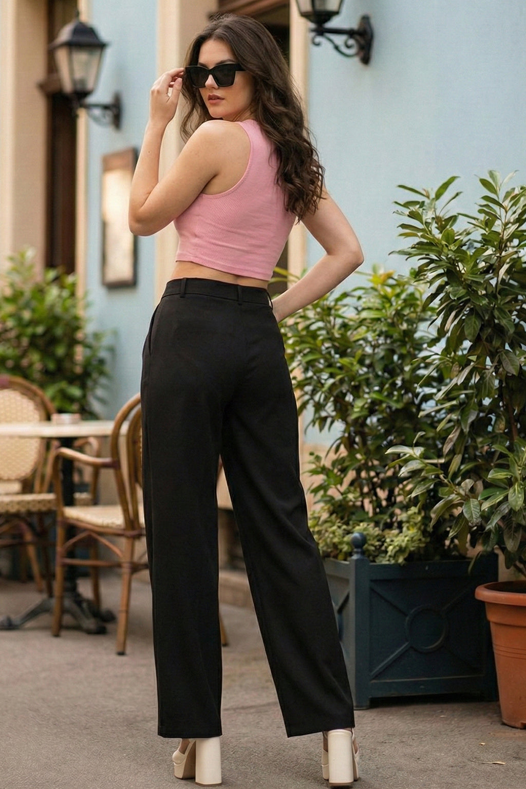 Black Classic Pleat Tailored Wide-Leg Korean Pant